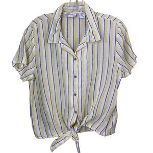 Rachel Zoe Linen Striped Tie Bottom Button Down Blouse Size Medium